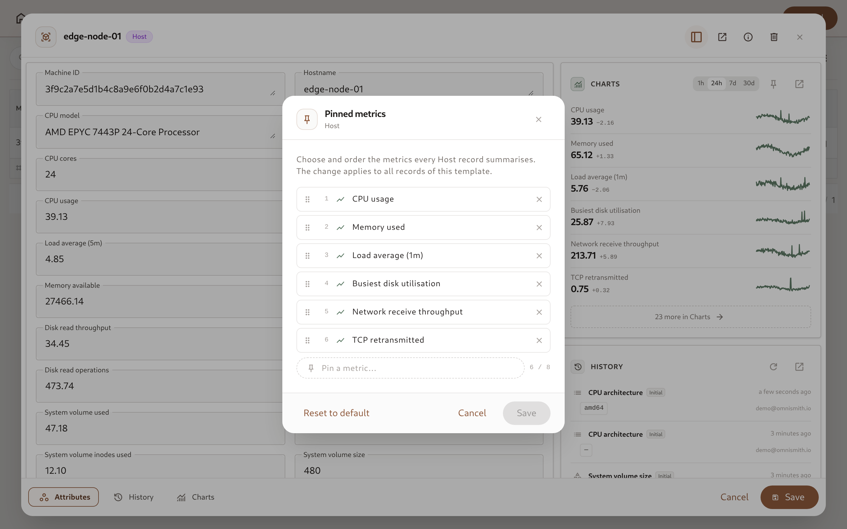 Pinned metrics dialog opened from a record's Charts summary, listing six ordered metrics with drag handles and a "Pin a metric" field showing 6 / 8