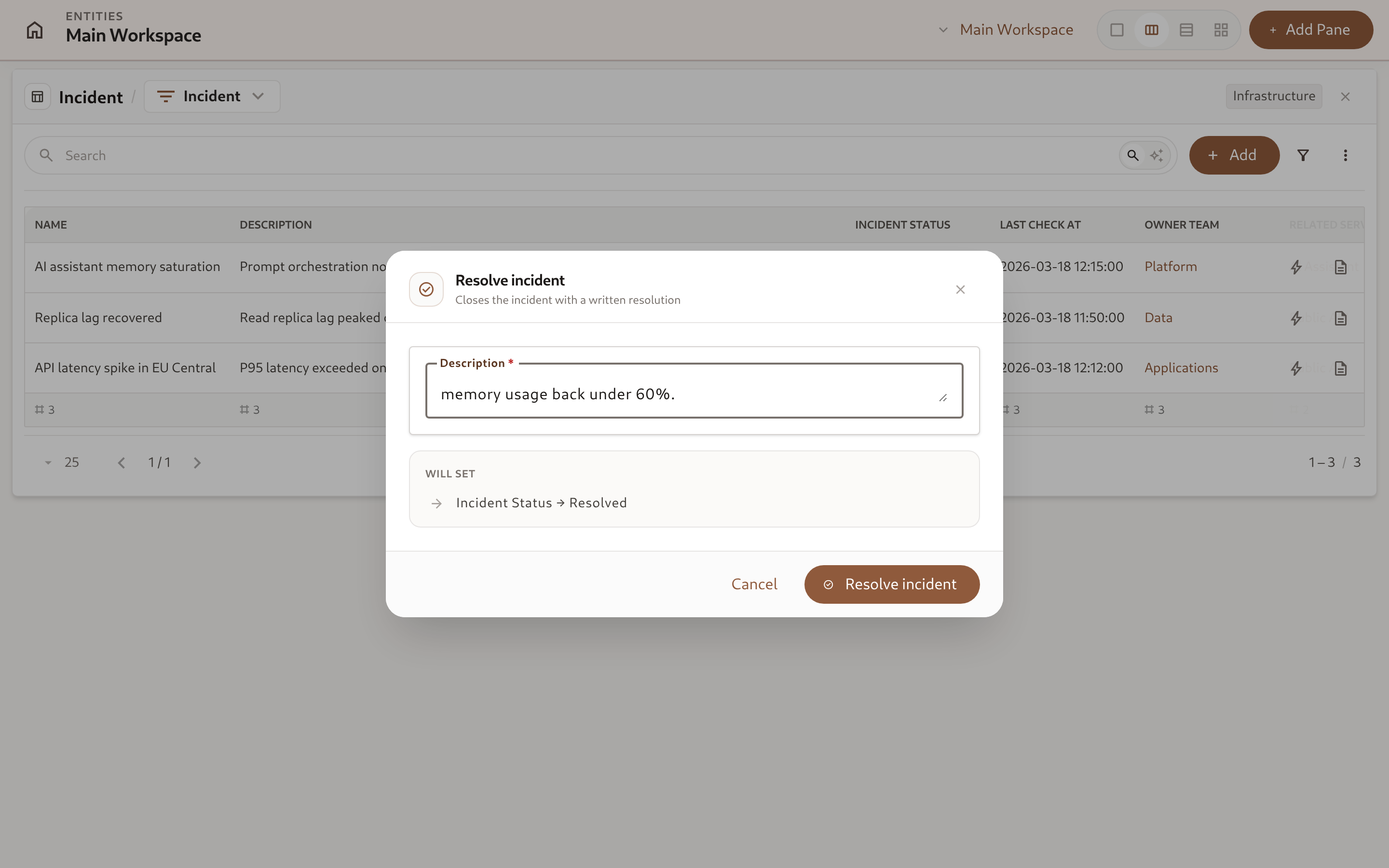 The row-level Actions menu on an Incident record, listing both enabled actions