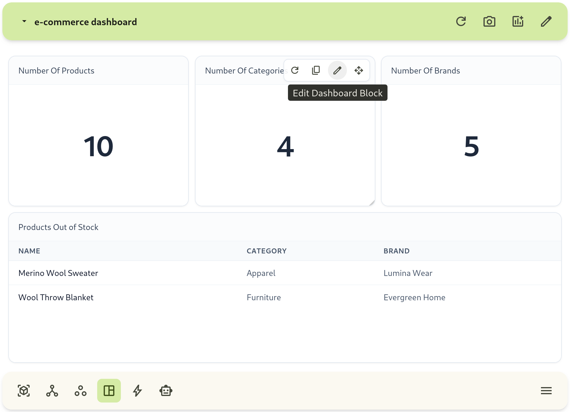 show a dashboard with multiple block types and drag/resize controls.