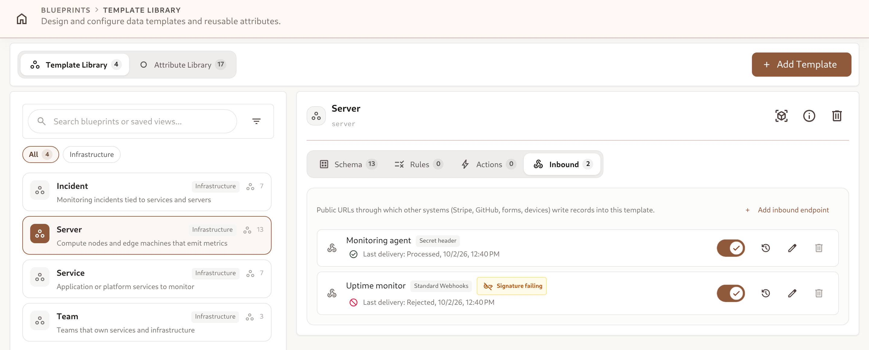 The Inbound tab of the Server template, listing two endpoints with their sender, last delivery and a "Signature failing" warning
