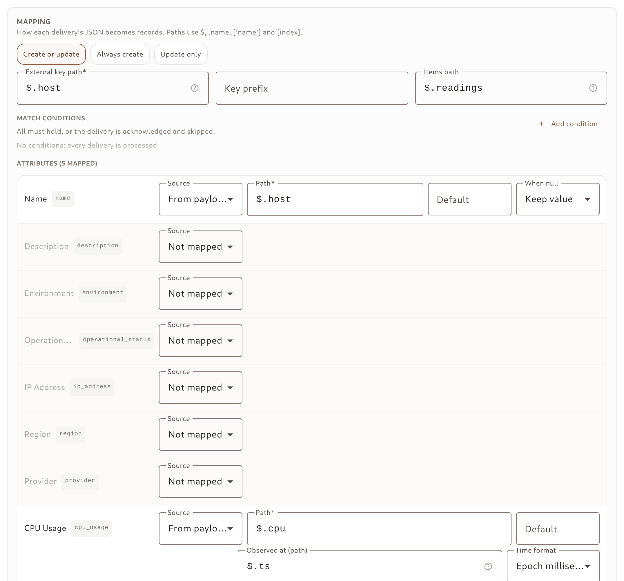 The Mapping section: mode pills, external key path, items path, match conditions and one row per template attribute