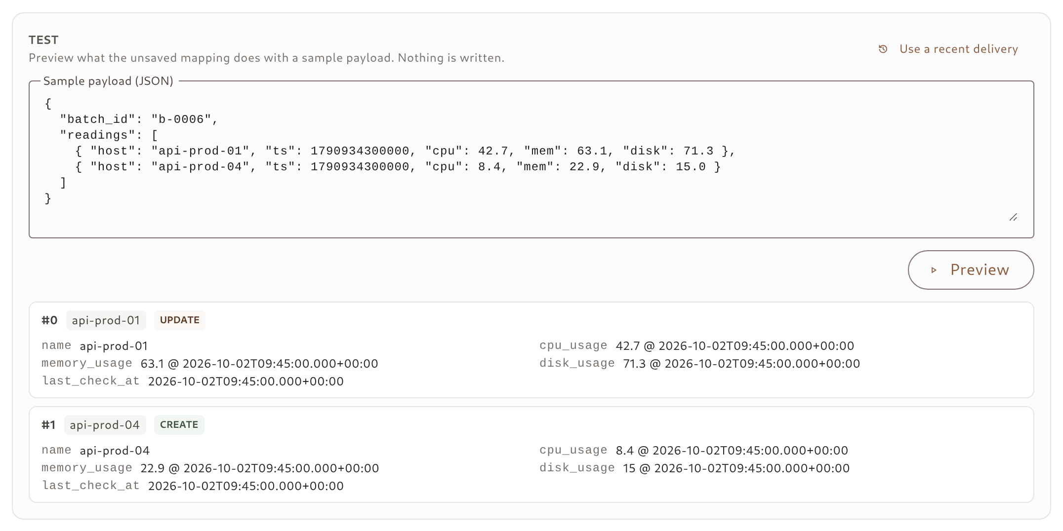 The Test section: a sample payload with two readings, previewed as an update of api-prod-01 and a create of api-prod-04 with metric values and observation times
