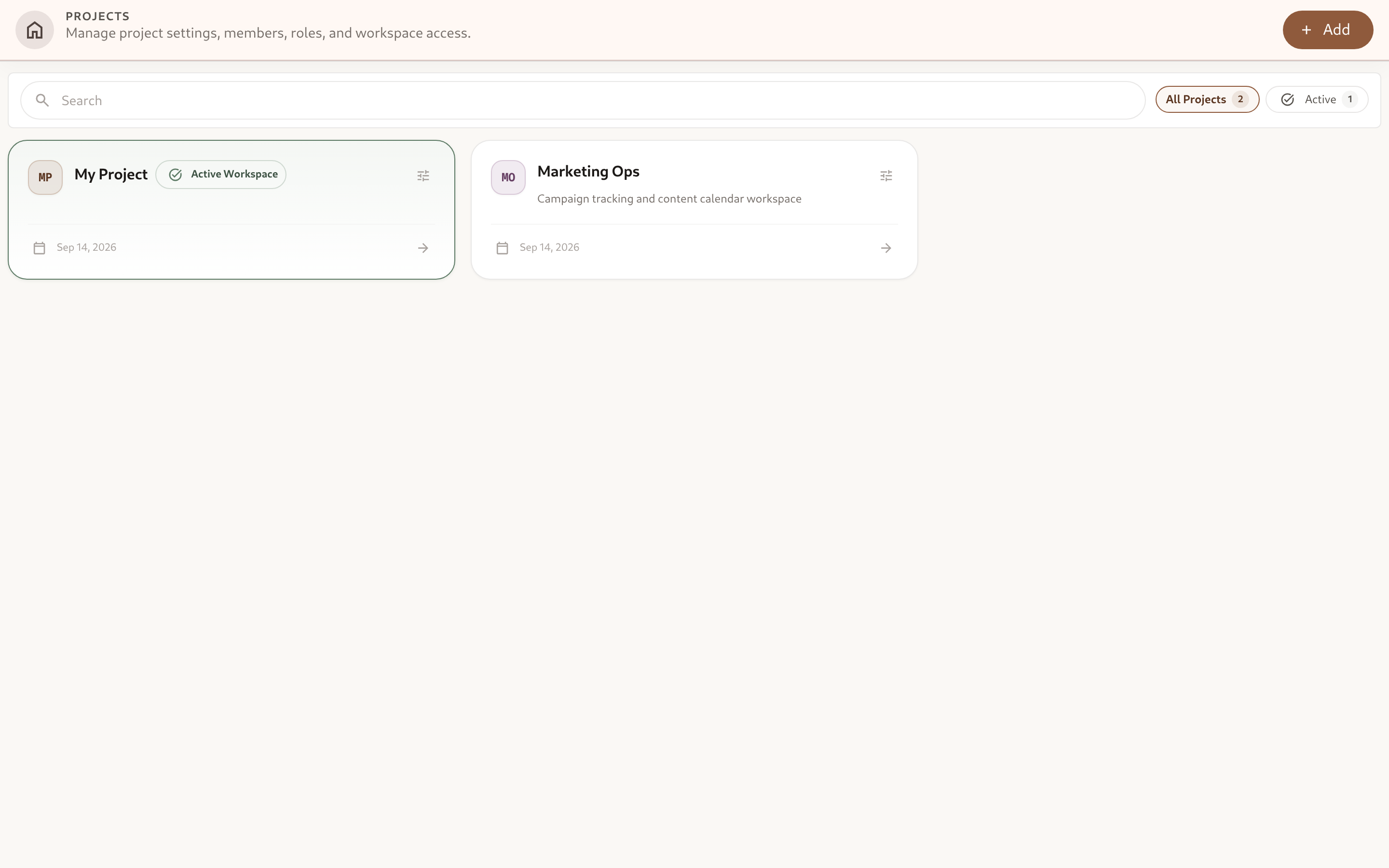 Projects Directory showing multi-tenant workspaces, active status badge, owner emails, and navigation controls