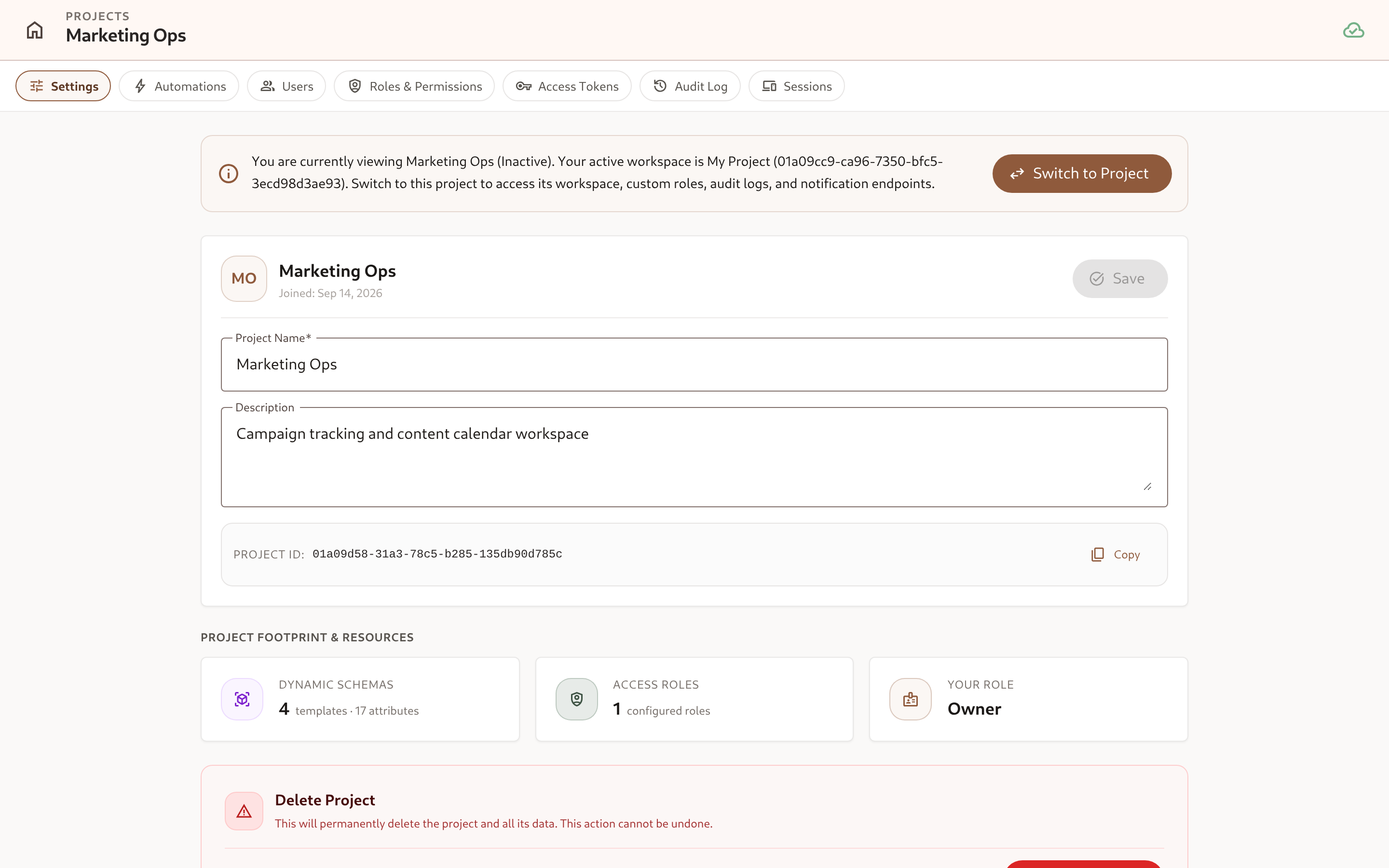 Project Overview Settings tab showing Basic Information, status pills, and bottom bar controls