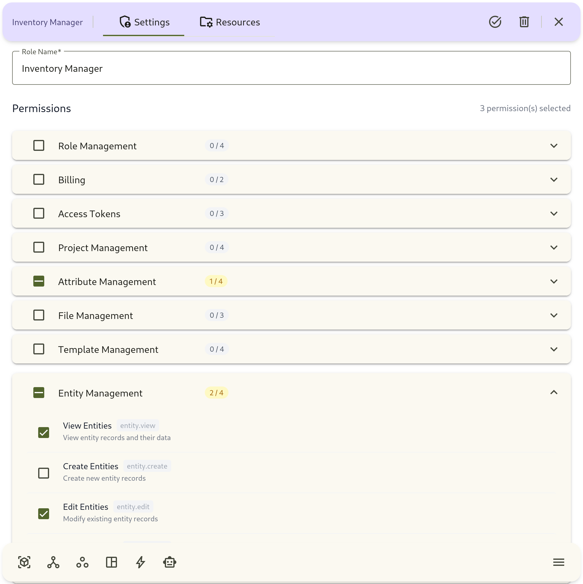 show the Settings tab with permission groups, selected counters, and expanded group details.