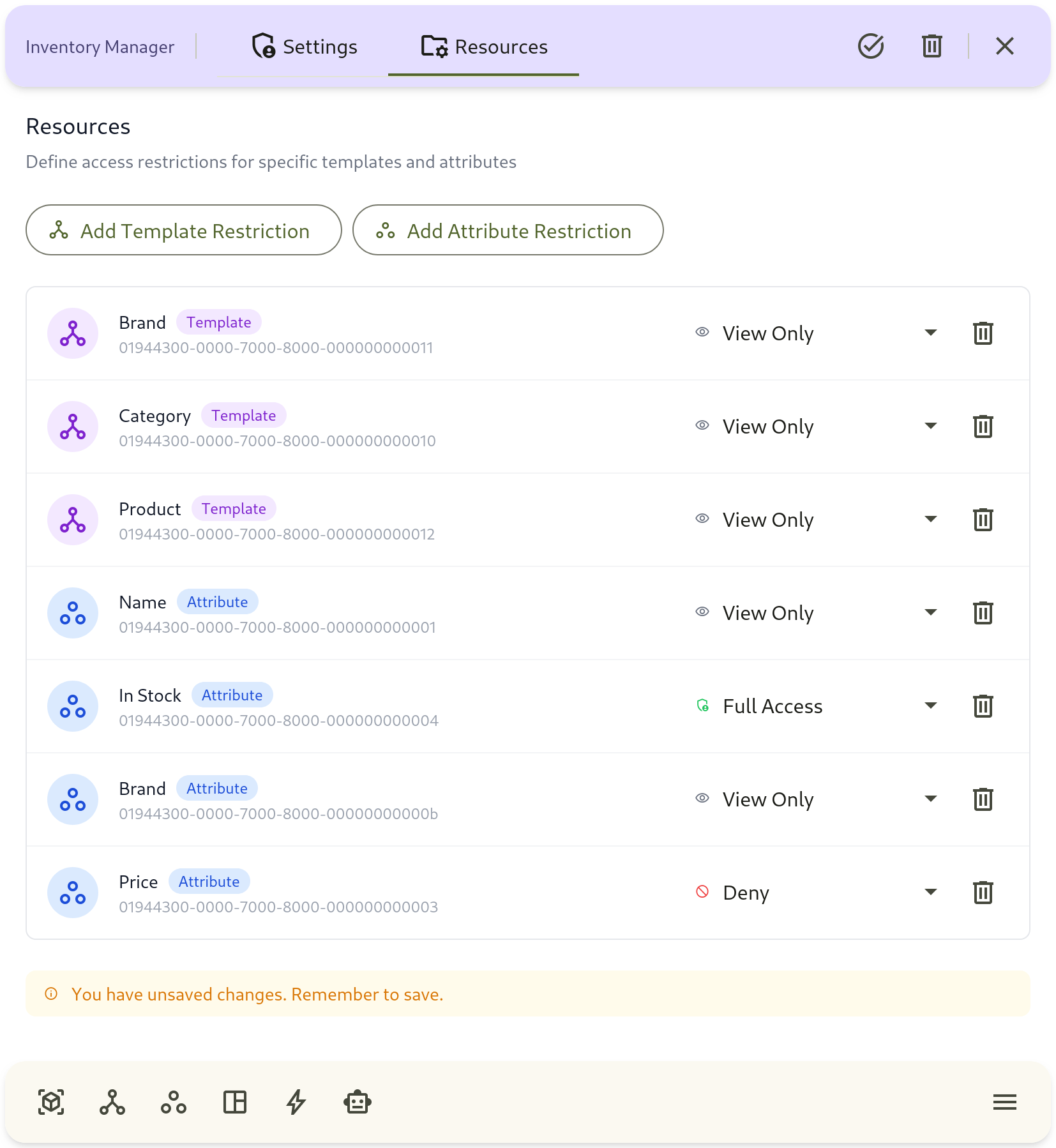 show Resources tab with mixed template and attribute restrictions.
