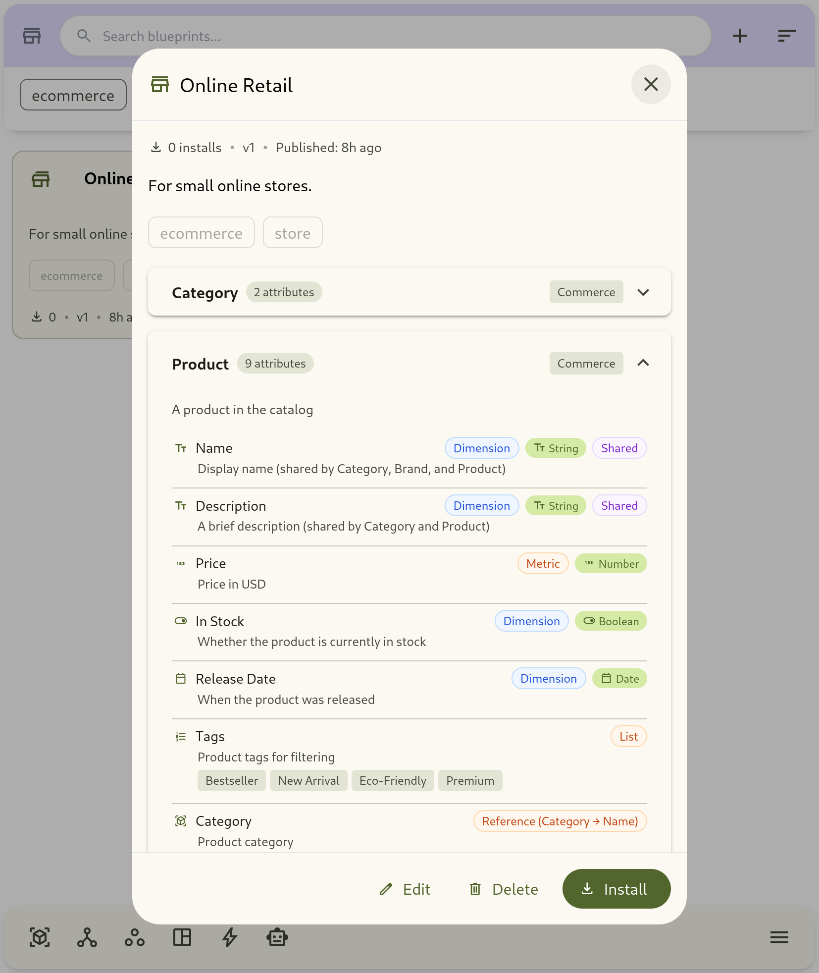 show blueprint search and detail/install flow.