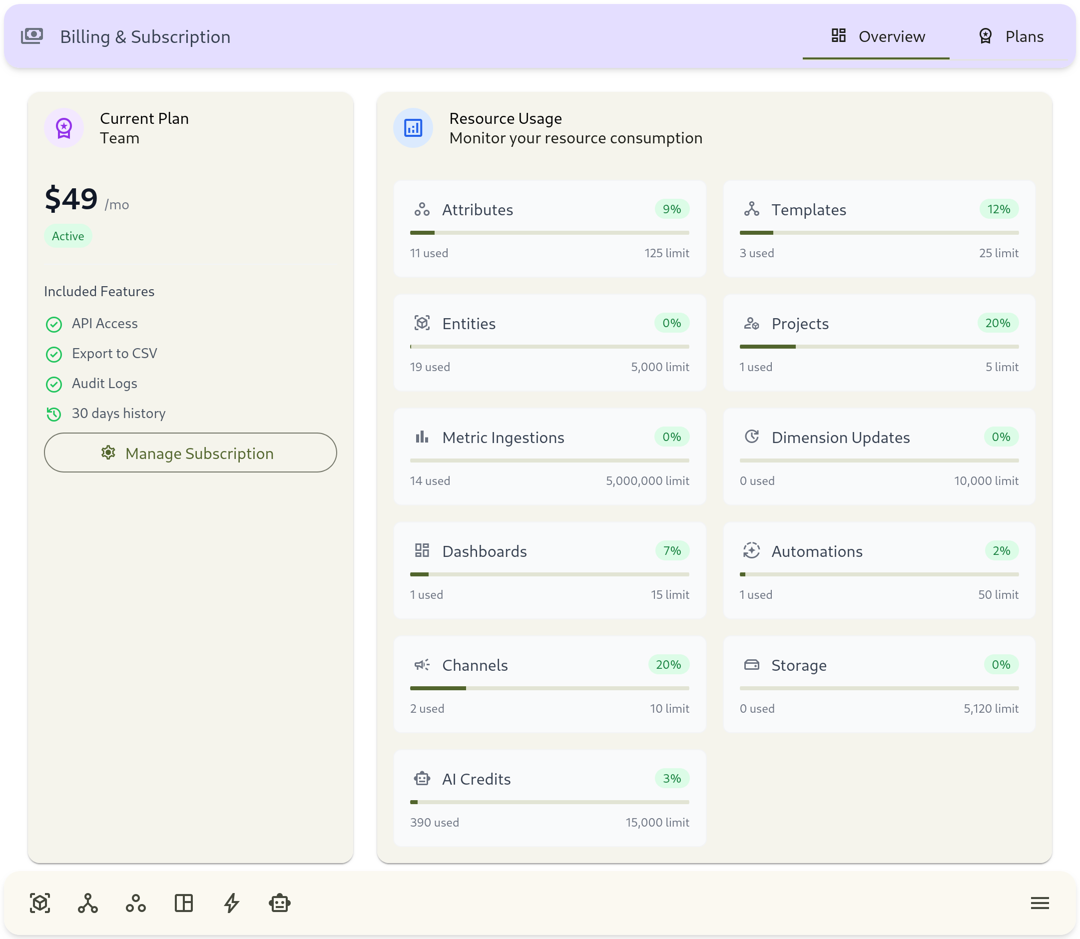 show billing overview with usage insights and plan context.